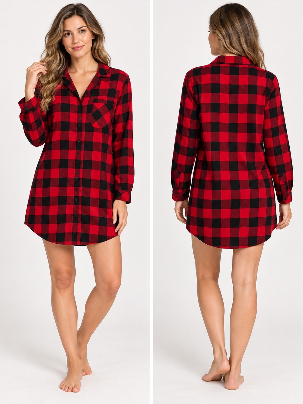 Wondershop Red Black Buffalo Plaid Button Down Pajama Nightshirt Long Sleeve S